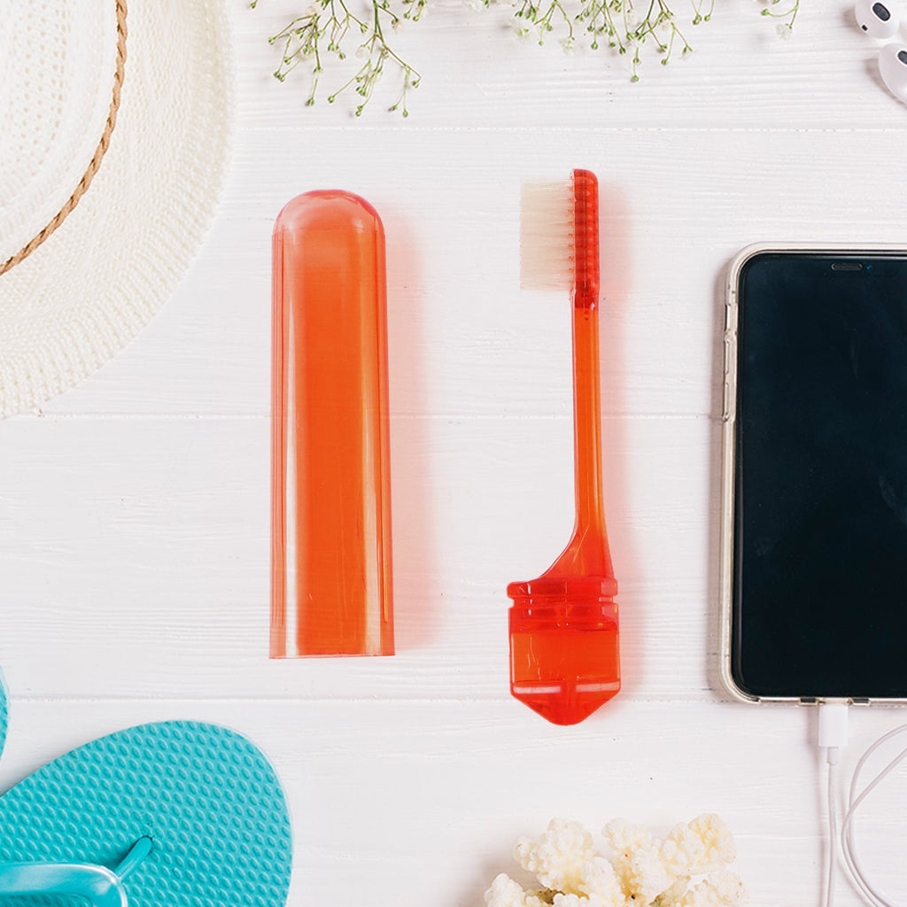 Hygienic travel toothbrush with soft bristles and protective case.