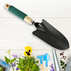 Detailed view of the ergonomic wooden handles, designed for comfortable grip during gardening.