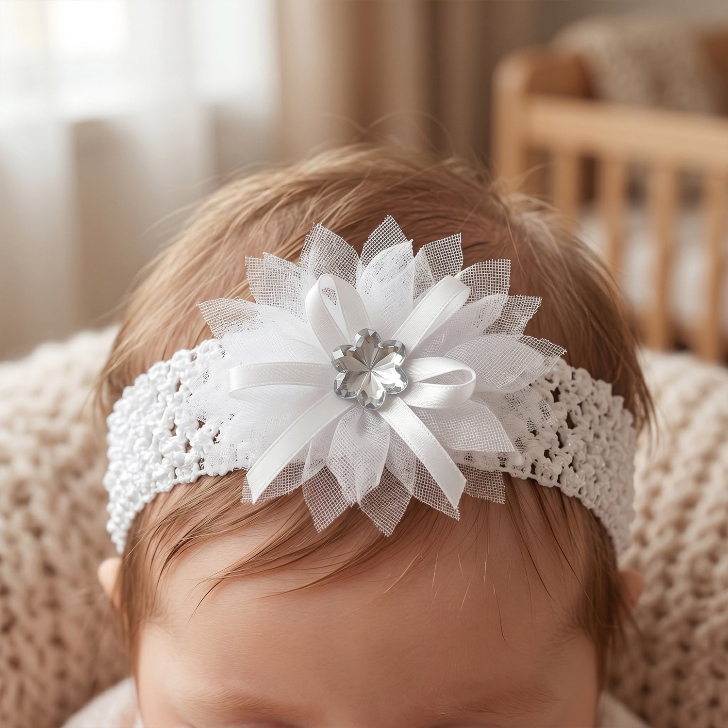 Delicate baby girl headband with floral bow, gentle on skin
