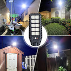 Weatherproof solar-powered LED street light mounted outdoors for security lighting