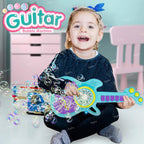 Close-up view of guitar-shaped bubble machine blowing bubbles