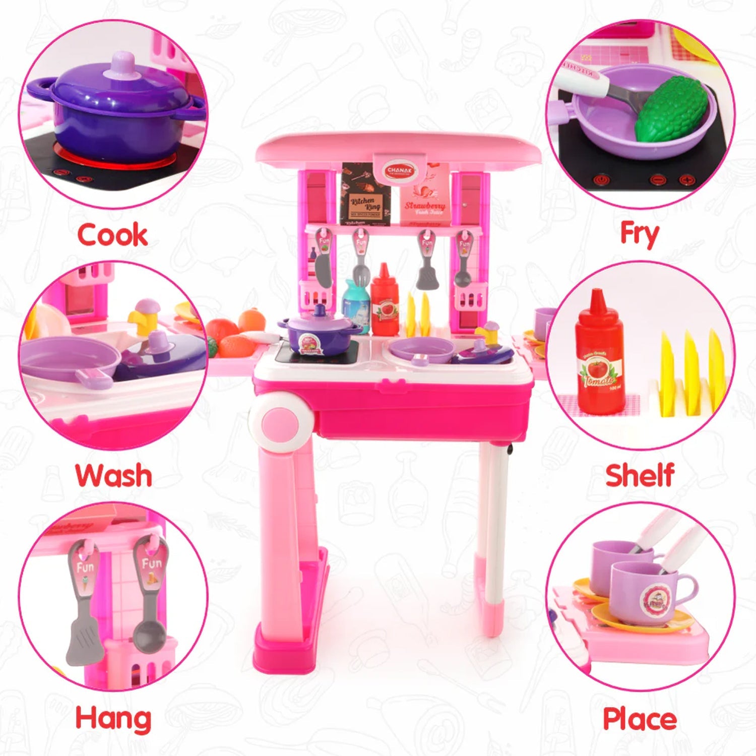 Various colorful accessories from the kids kitchen set