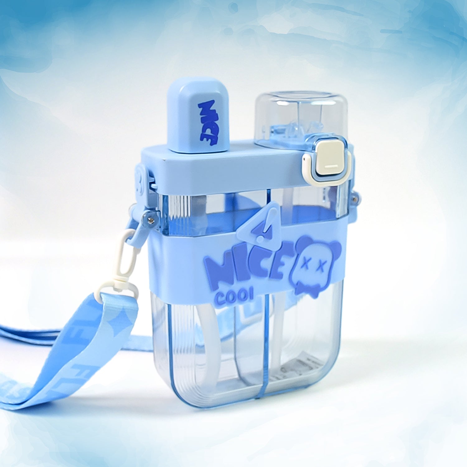 Overhead shot showcasing the two distinct sections of the dual compartment water bottle.
