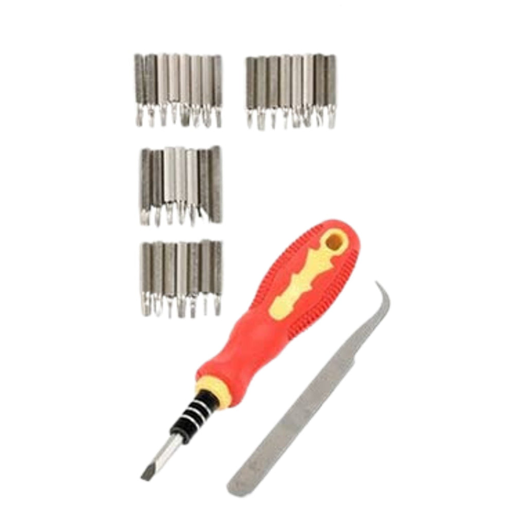 Detailed view of the magnetic screwdriver set's ergonomic handle and bit selection.
