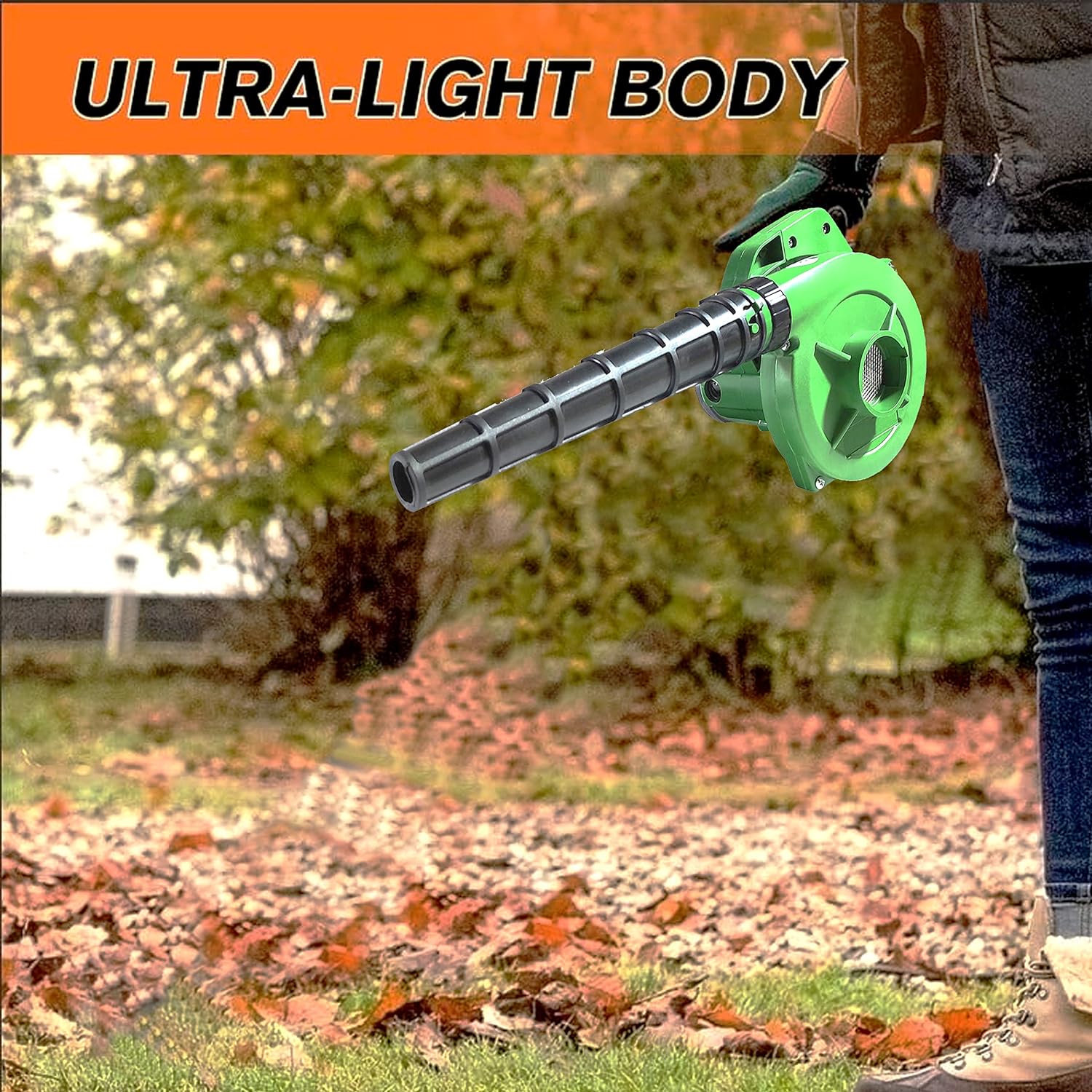 The powerful 650W air blower ready for use in a garage or garden setting.