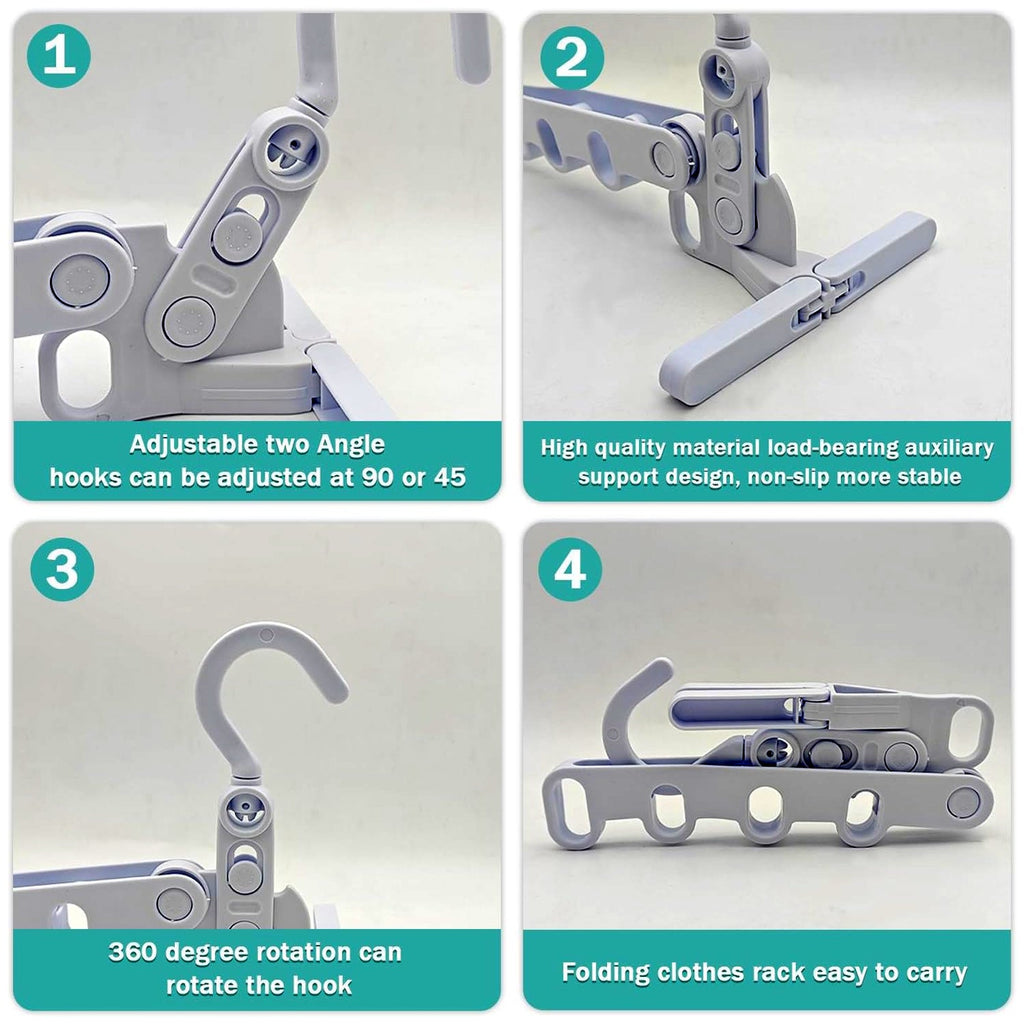 Multiple foldable clothes hangers organized in a compact way.