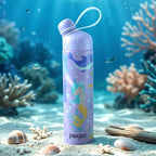 Drinking from Pexpo Pico Art insulated water bottle, close-up view