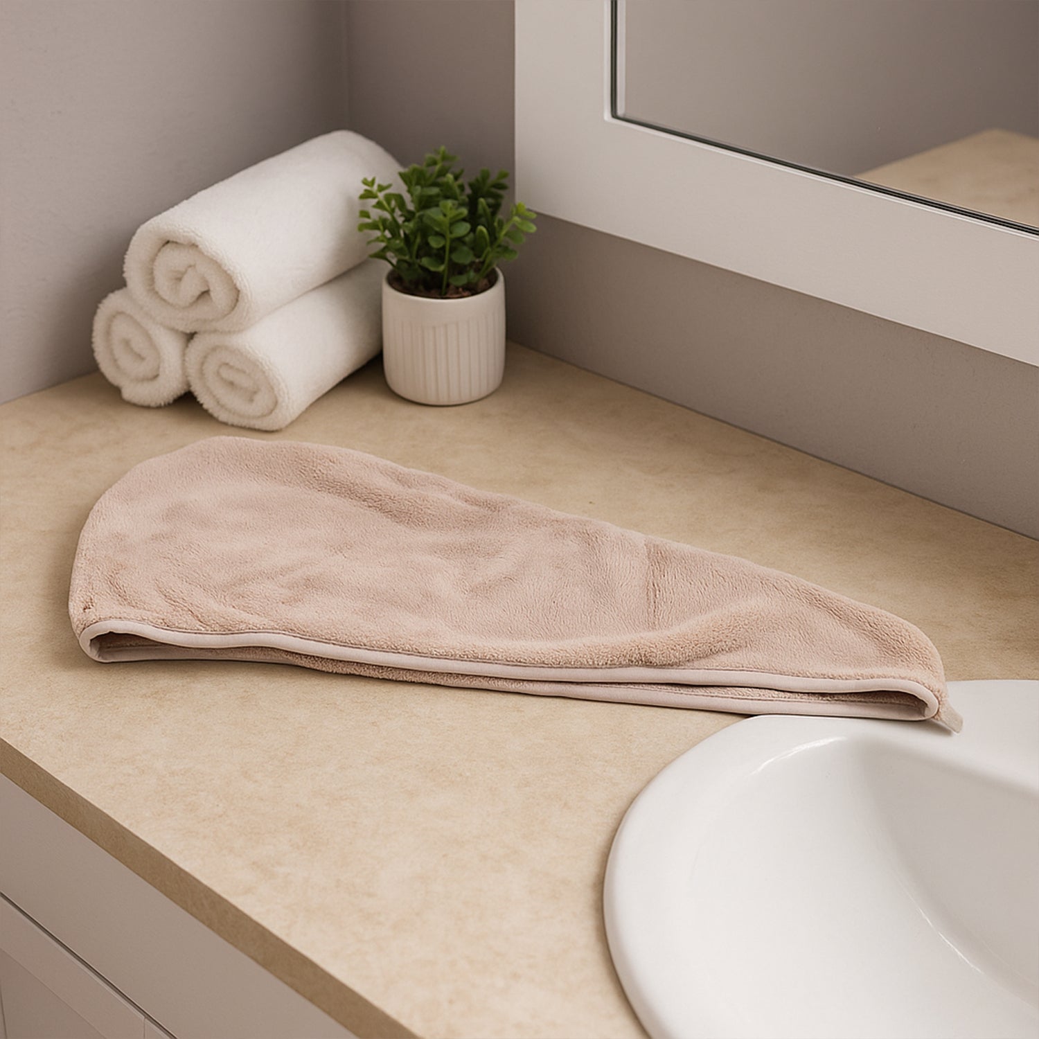 Lightweight microfiber towel wrap secured with an elastic loop for hands-free drying