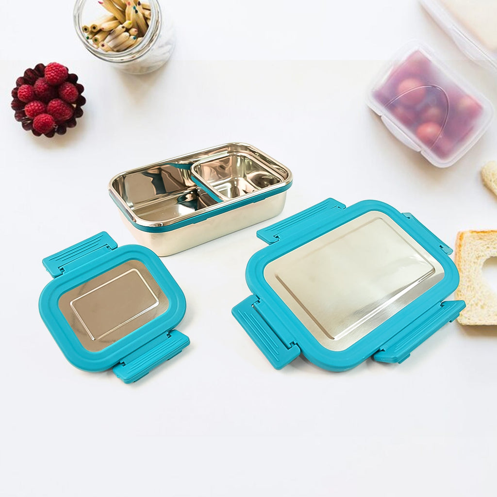 Steel bento style lunch box showing durable stainless steel finish