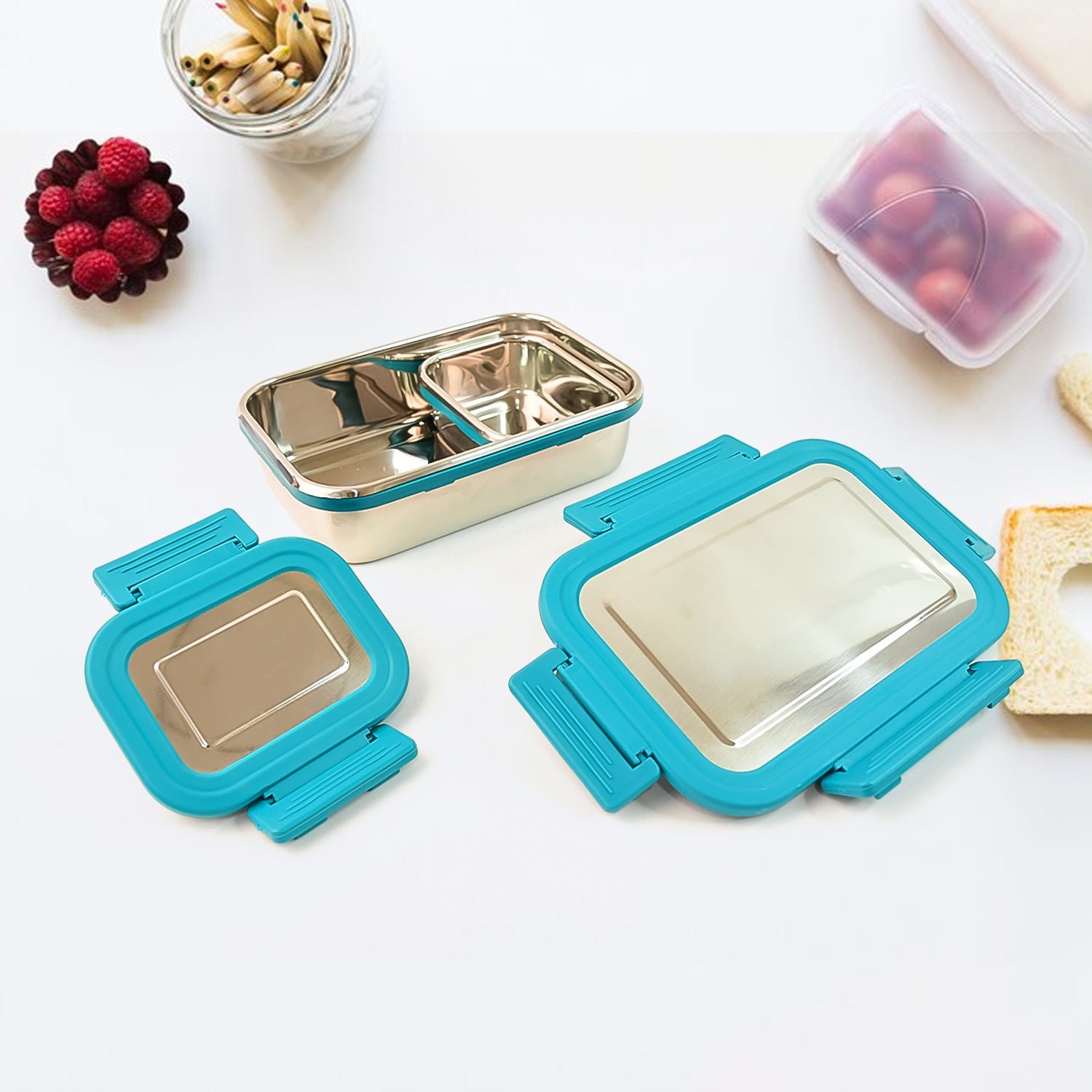 Steel bento style lunch box showing durable stainless steel finish