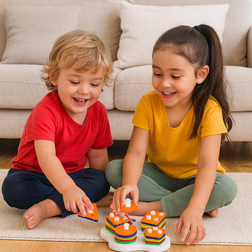 White base learning board with colorful geometric stacking shapes for toddlers
