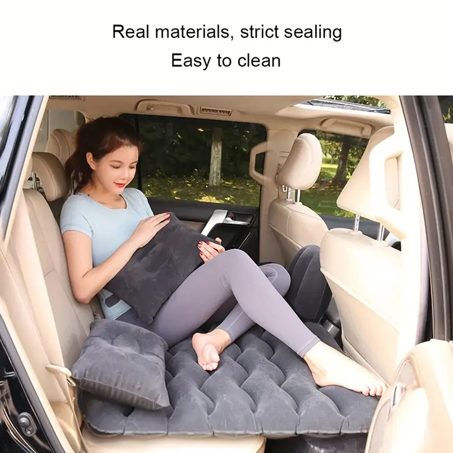 Size and scale reference of the portable inflatable car mattress on backseat