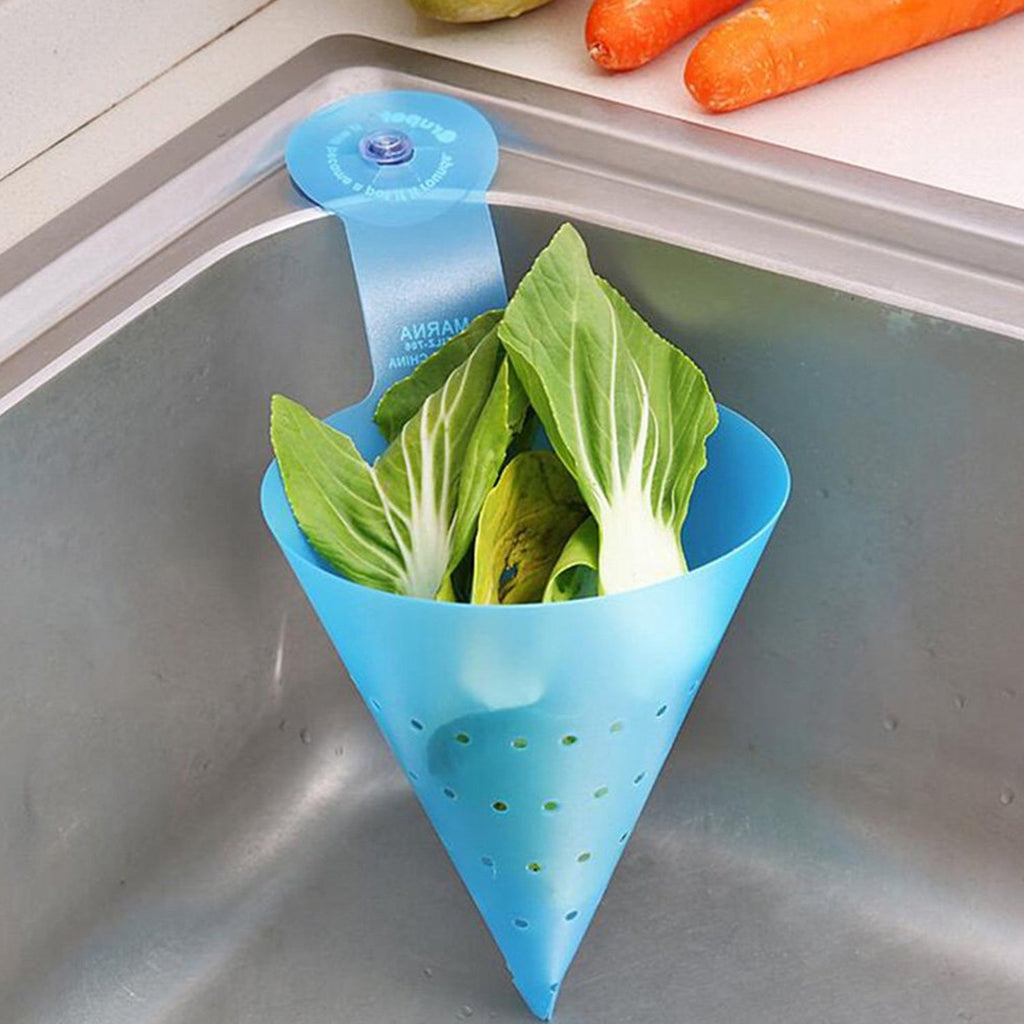 Side view of triangular hanging sink strainer with suction cup attachment