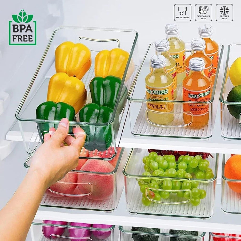 Durable BPA-free plastic construction of the Organivo clear fridge bin.