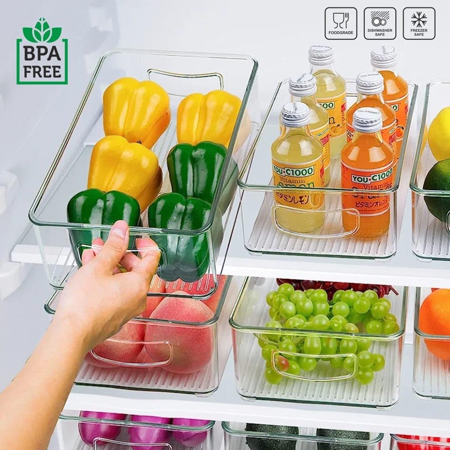 Durable BPA-free plastic construction of the Organivo clear fridge bin.