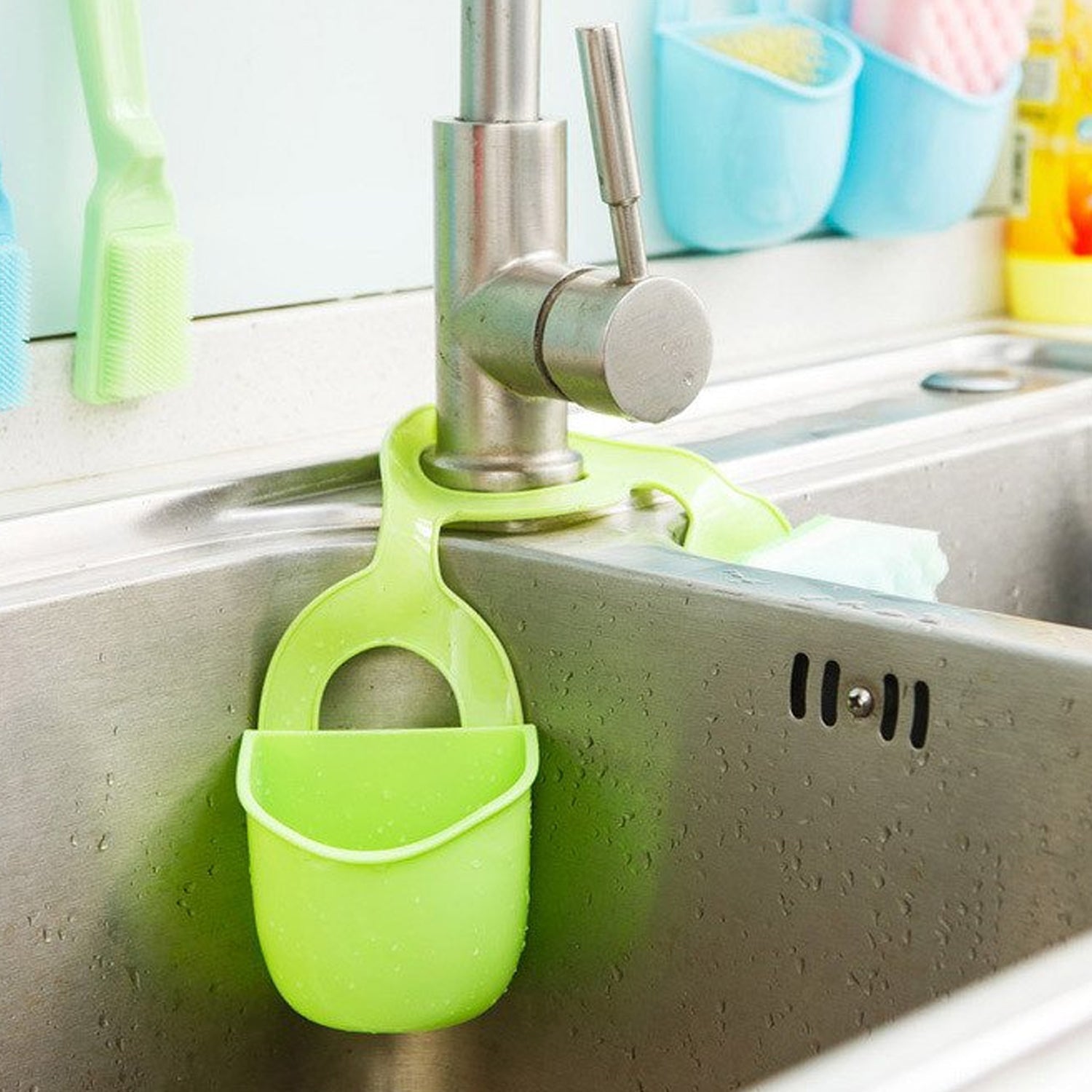Hanging sink organizer with cleaning tools inside