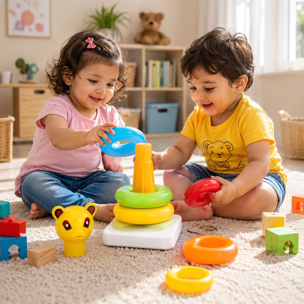 A happy toddler playing with the educational jumbo stacking rings toy.