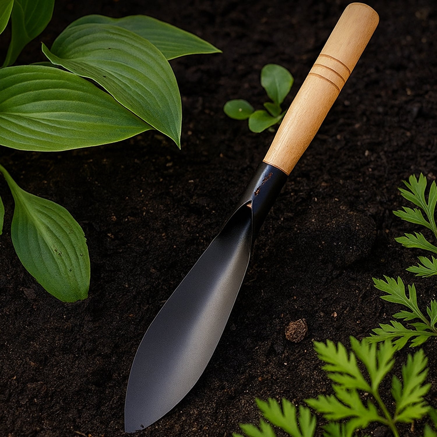 Heavy duty gardening trowel metal blade and wooden handle ergonomics