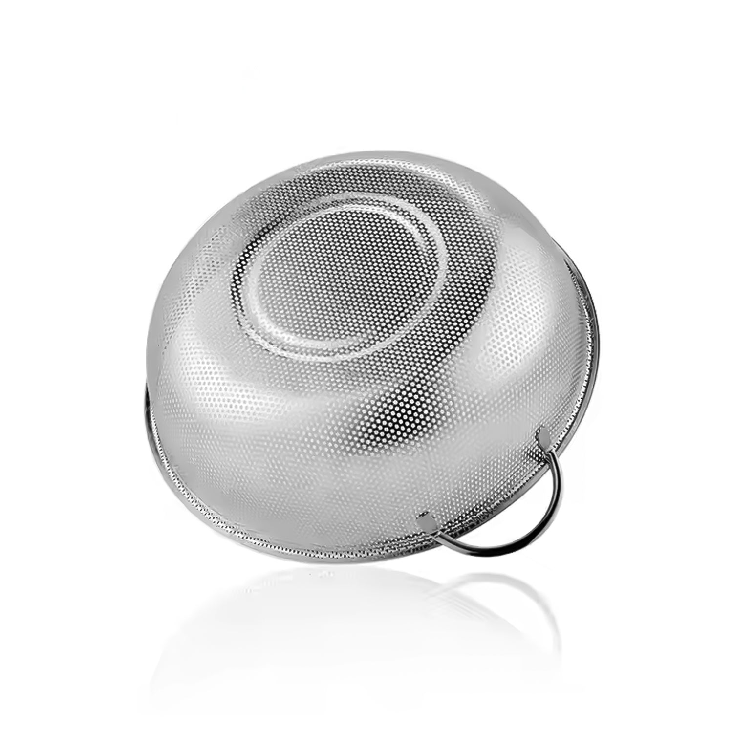 Collapsible stainless steel strainer folded flat for compact kitchen storage.