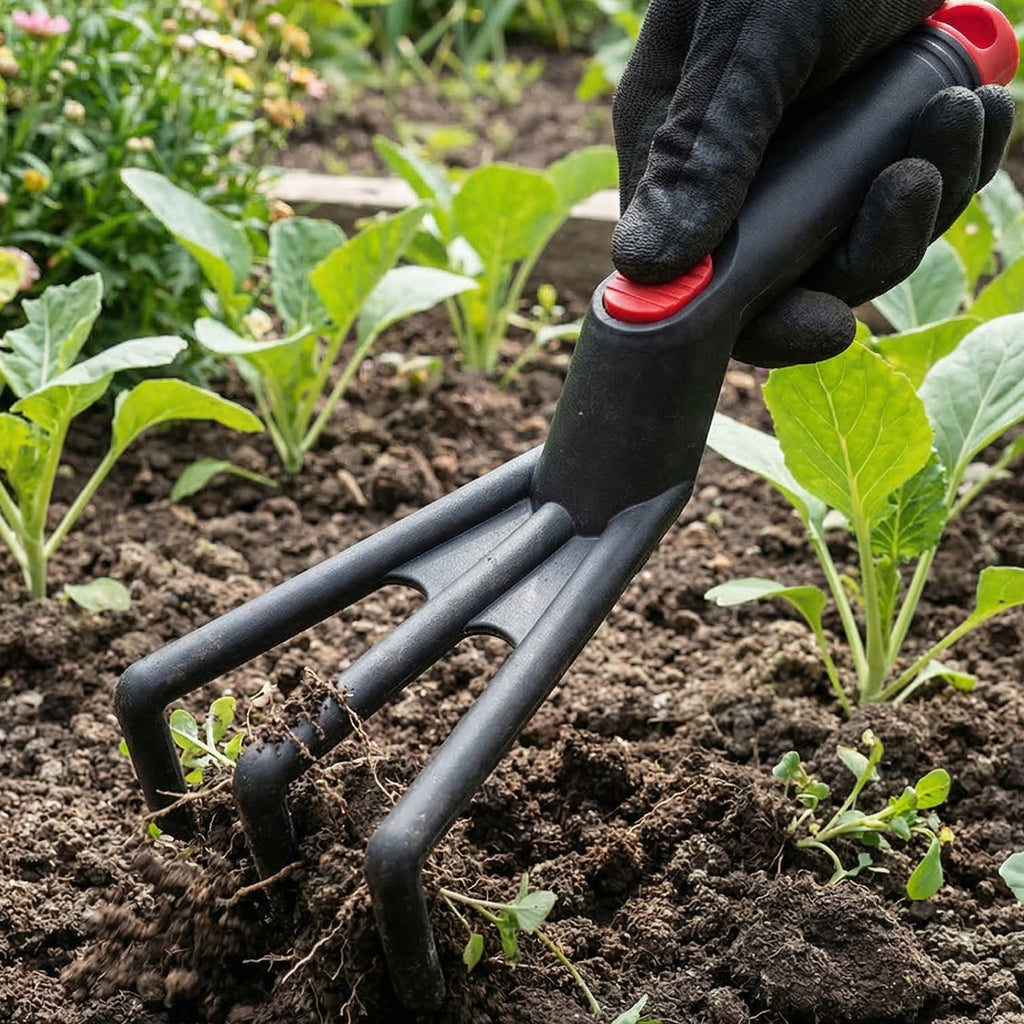 Soil rake for weeding and garden maintenance in plastic material