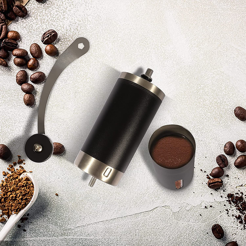 Angled view of the Siplix manual coffee grinder, ready for use.