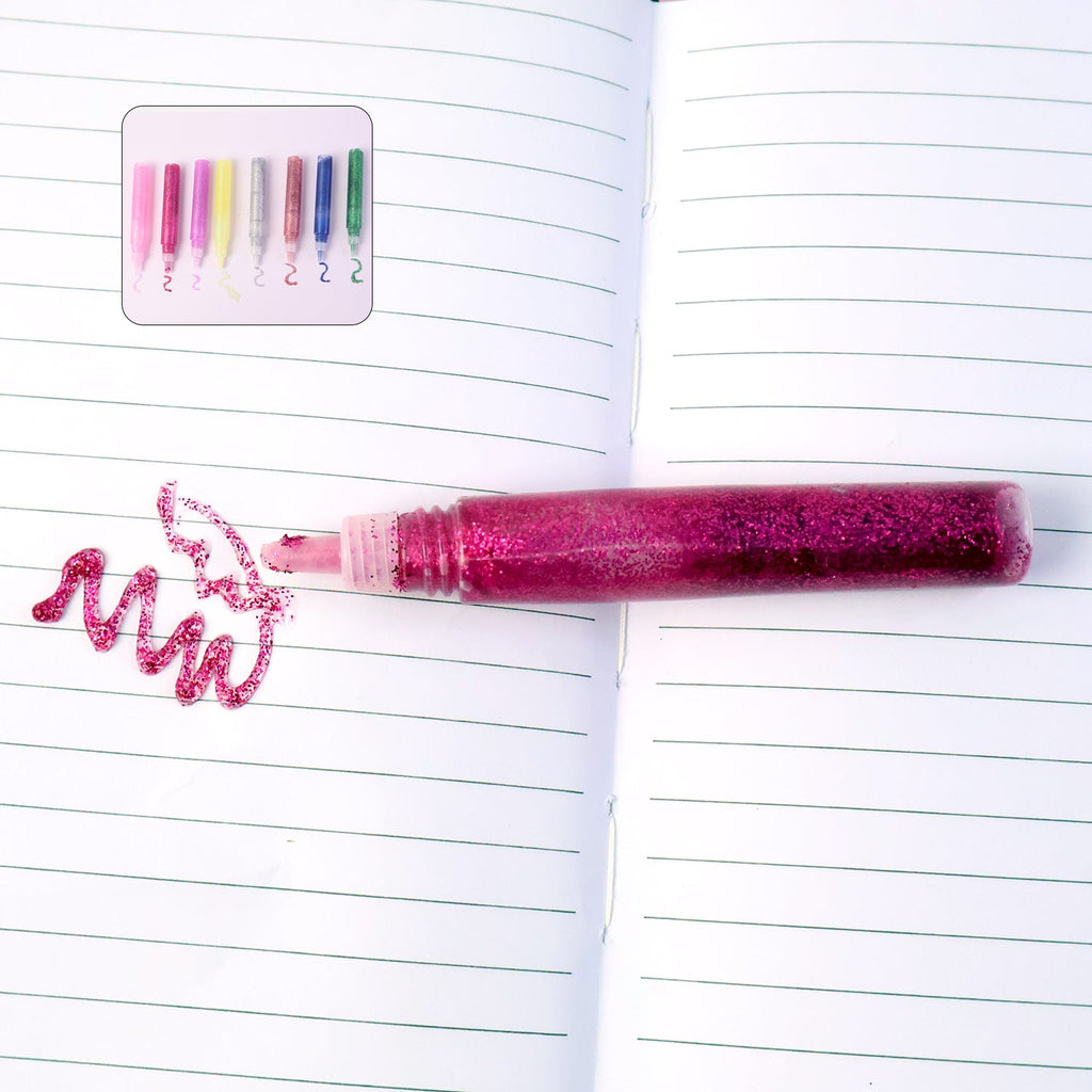 Vibrant glitter glue pens adding sparkle to craft materials
