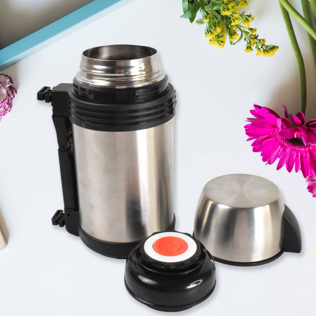 Stainless steel vacuum flask showing comfortable handle and frosted body