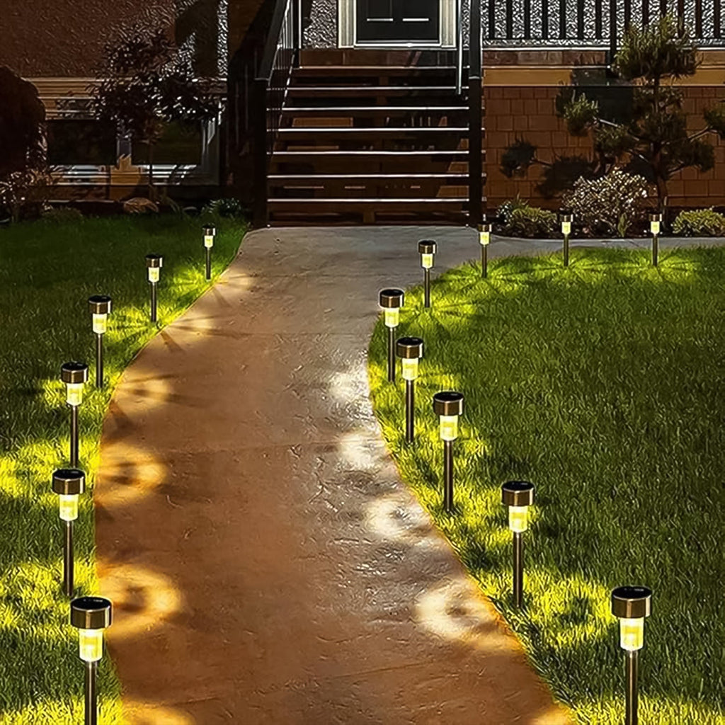 LED stainless steel solar walkway light providing warm outdoor lighting