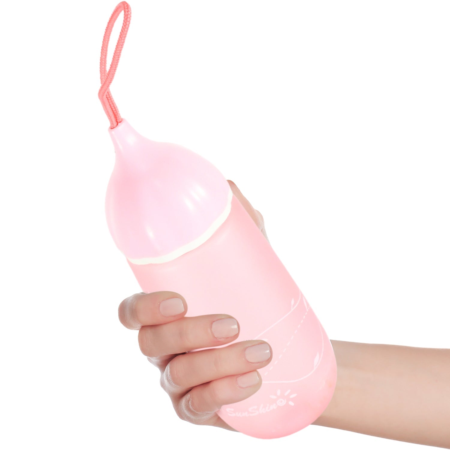 The 550 ML plastic water bottle with its practical carrying dori strap attached to the cap.