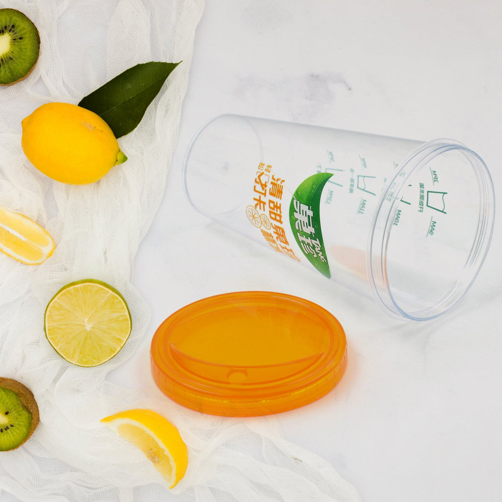 A refreshing beverage served in the clear plastic water cup.