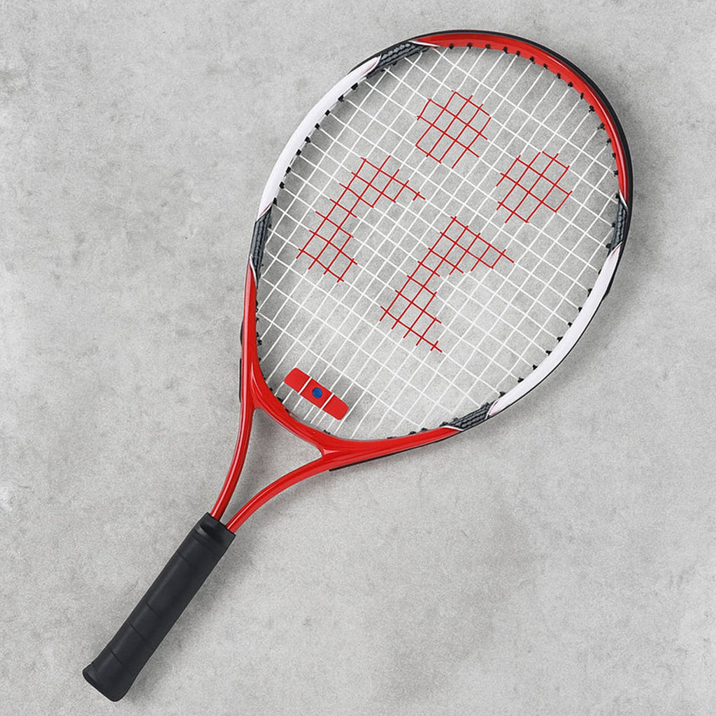 Red and black tennis racket with lightweight aluminum frame, side view