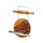 Multi-purpose stainless steel rack organized with a rolling pin and kitchen tongs, demonstrating its utility.