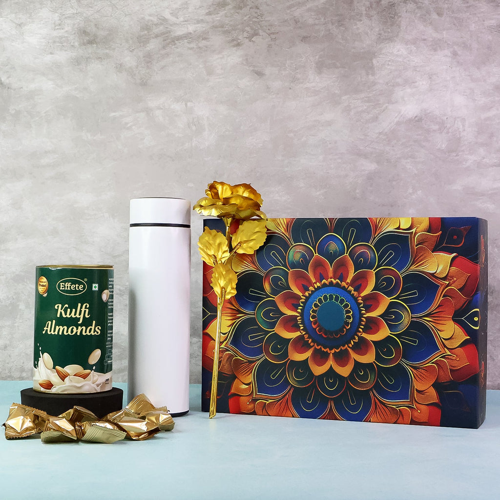 Close-up of Kulfi almonds chocolate pack inside premium gift box with festive golden rose