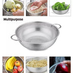 Detailed view of the colander's rust-resistant stainless steel construction.