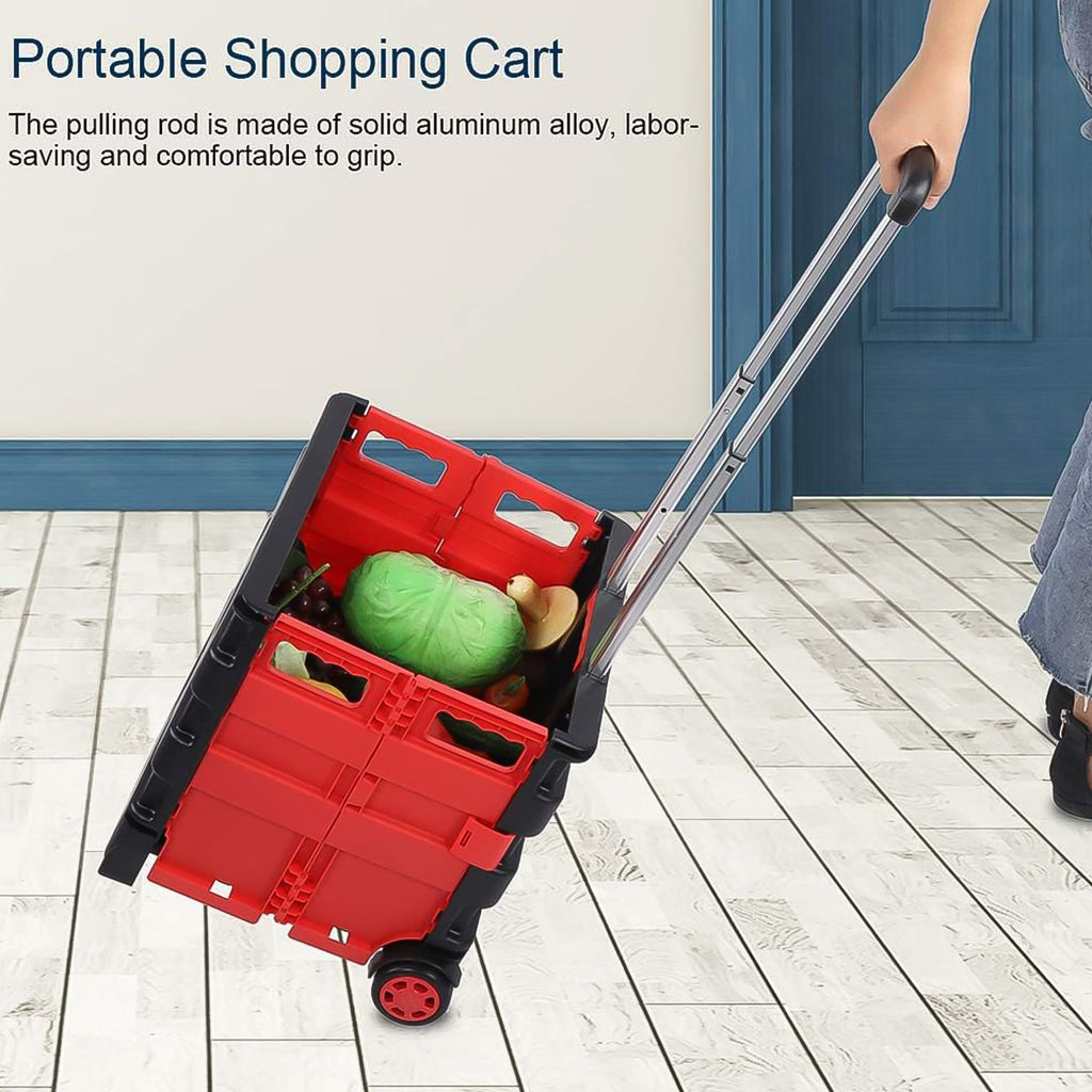 Close-up of the durable aluminium alloy pulling rod and sturdy PP plastic basket of the trolley.
