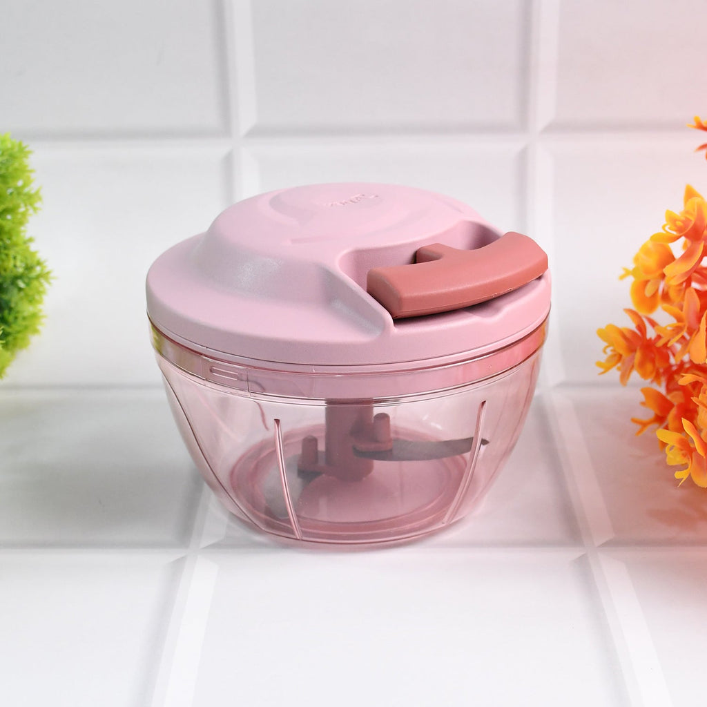 Side view of 500ml hand-pull vegetable chopper with triple stainless steel blades