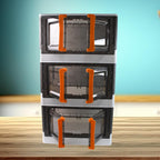 Folded plastic storage organizer demonstrating its collapsible space-saving feature.