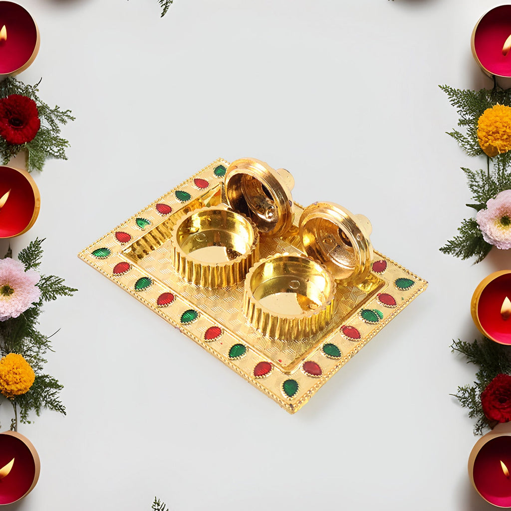 Side profile of the decorative plastic pooja thali, showcasing its compact size.