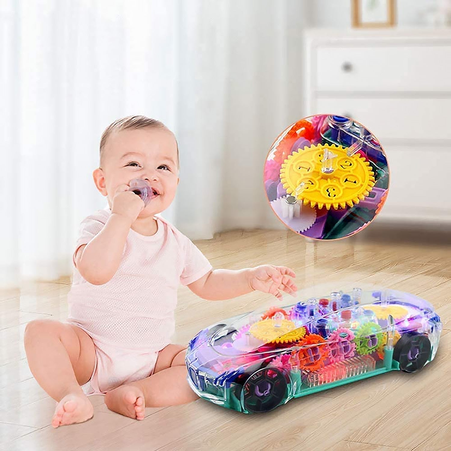 Detailed view of the gear drive effect visible through the transparent body of the toy car.