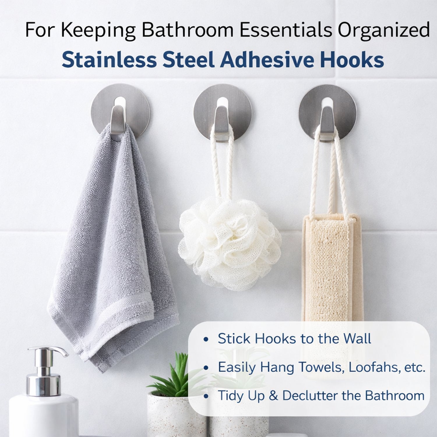 A sturdy stainless steel hook perfectly installed on bathroom tiles, ideal for towels.