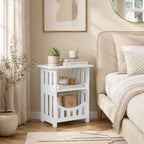 White side table with open storage for magazines or books