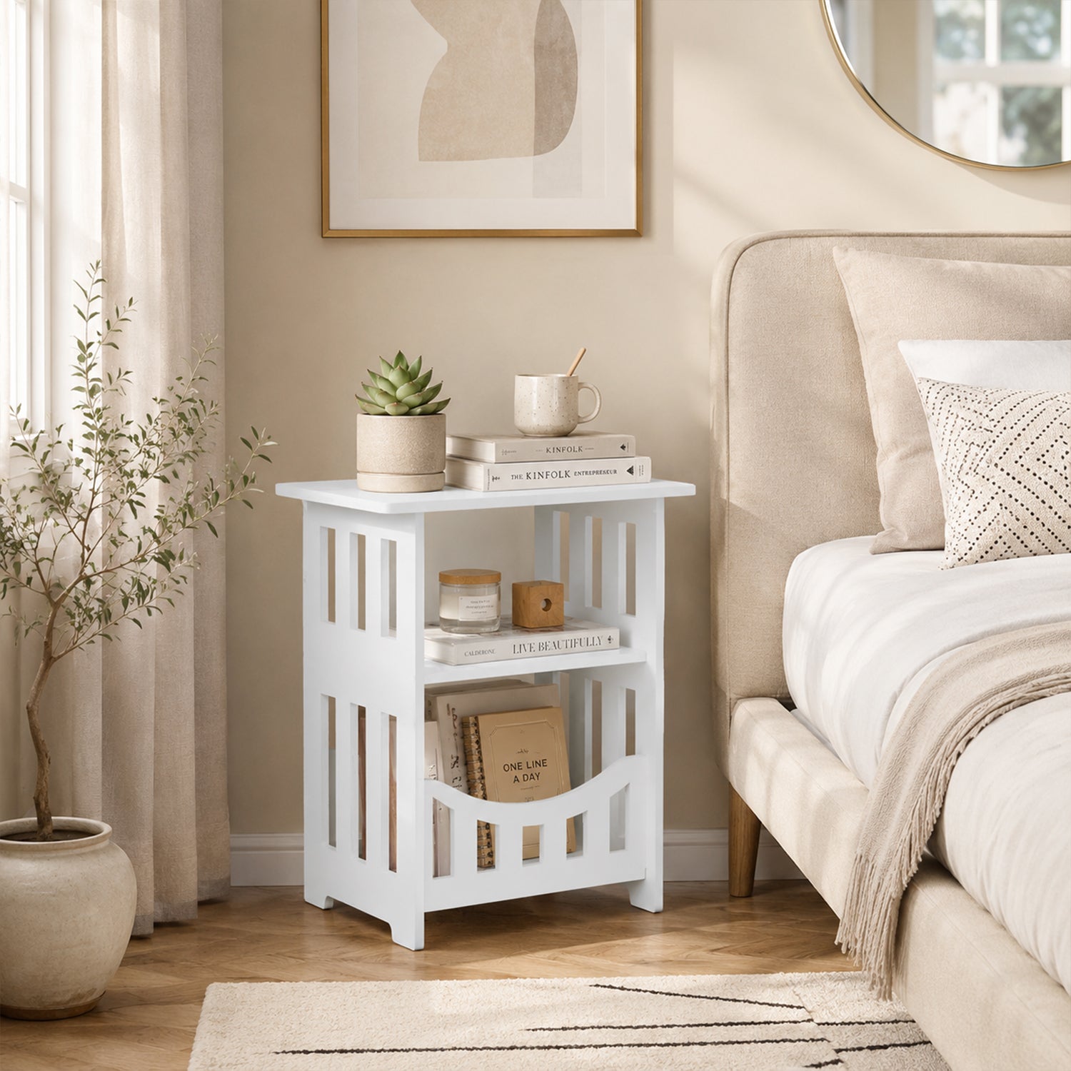White side table with open storage for magazines or books
