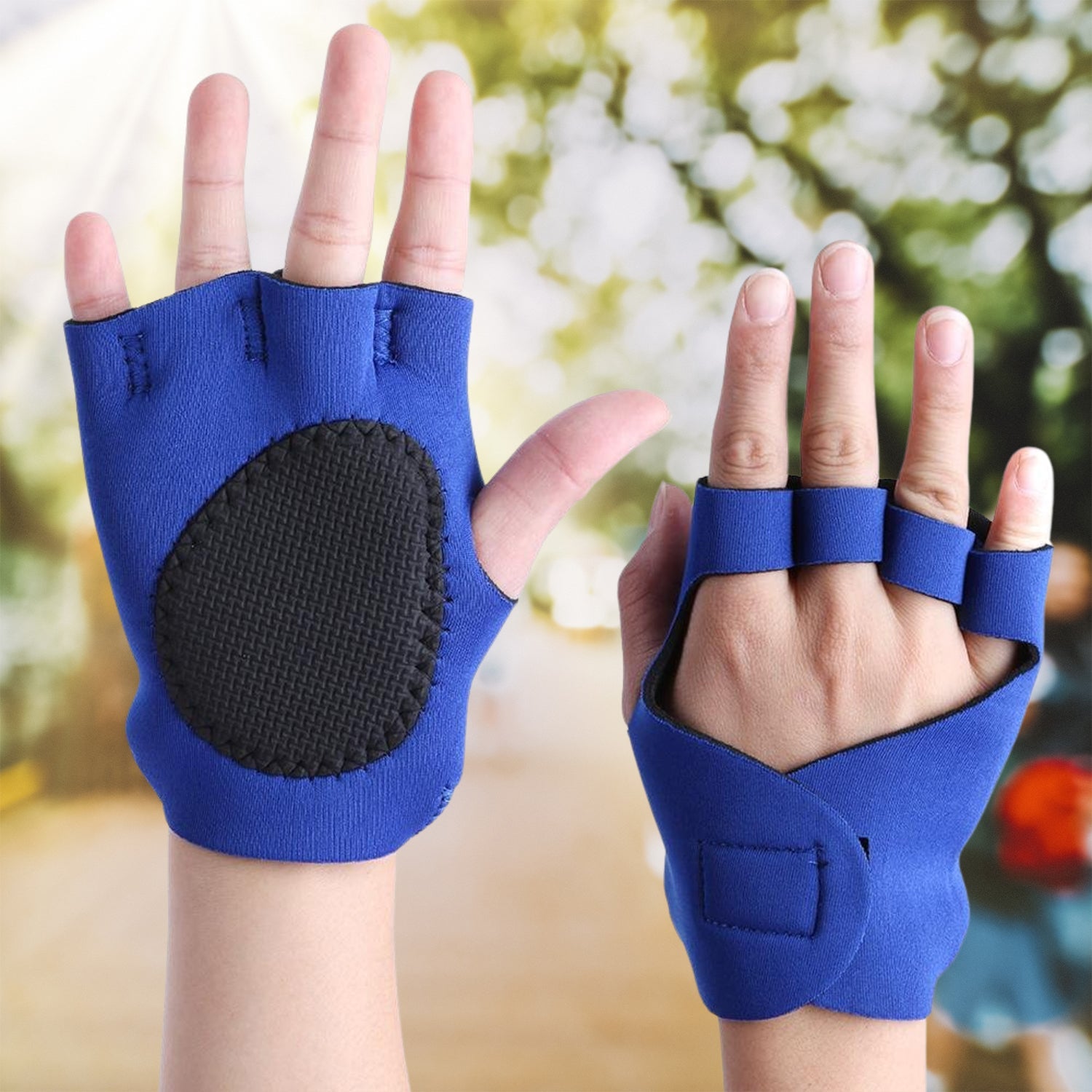 Overhead shot of the durable half-finger exercise gloves, highlighting the fingerless design.