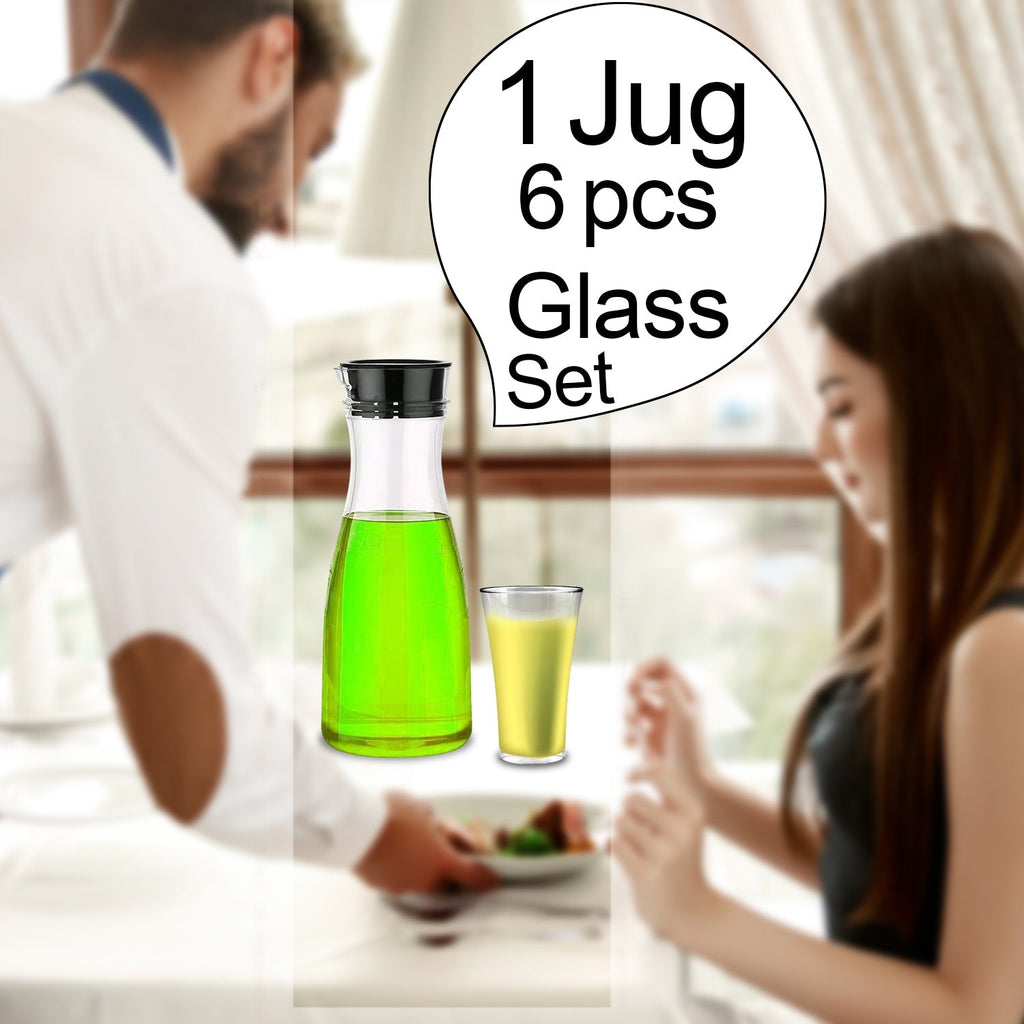 Stylish clear drinkware set, featuring an unbreakable jug and six glasses.