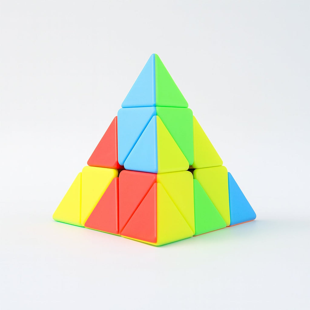 Brightly colored triangular puzzle cube for logic games and focus