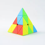 Brightly colored triangular puzzle cube for logic games and focus