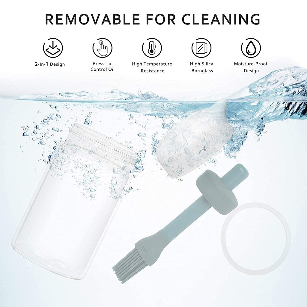 Ergonomic oil brush dispenser for precise application during grilling or baking.