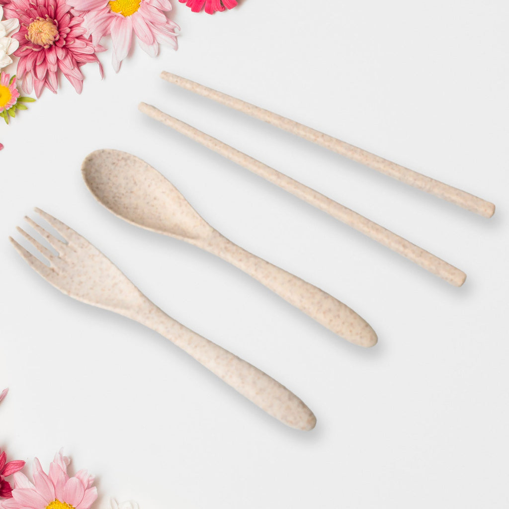 All components of the 6-piece Wheat Straw Rice Bowl Set, including bowl, lid, handle, and cutlery.