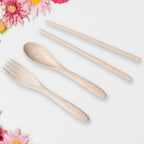 All components of the 6-piece Wheat Straw Rice Bowl Set, including bowl, lid, handle, and cutlery.