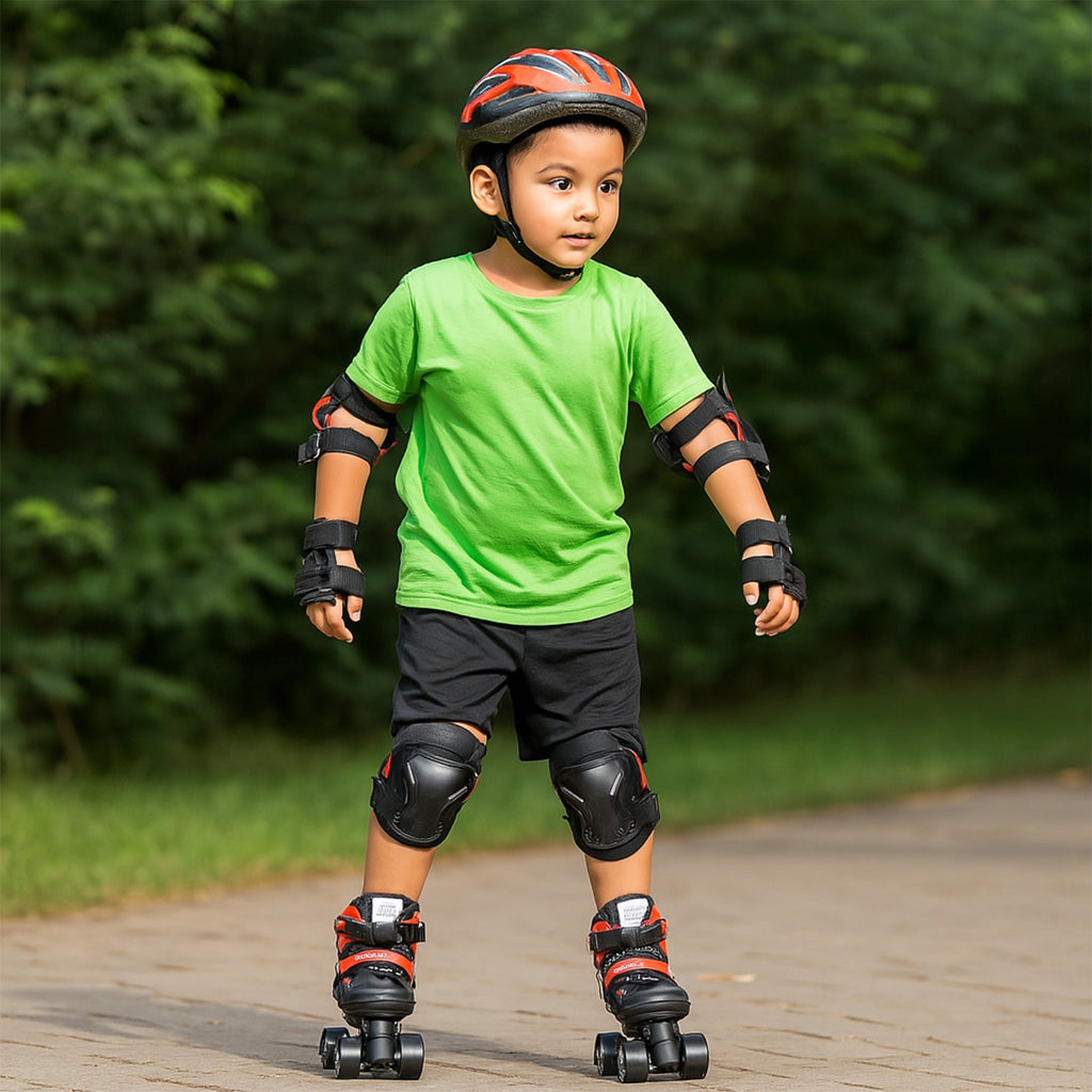 Close-up of front toe stop brake on adjustable quad roller skates for kids